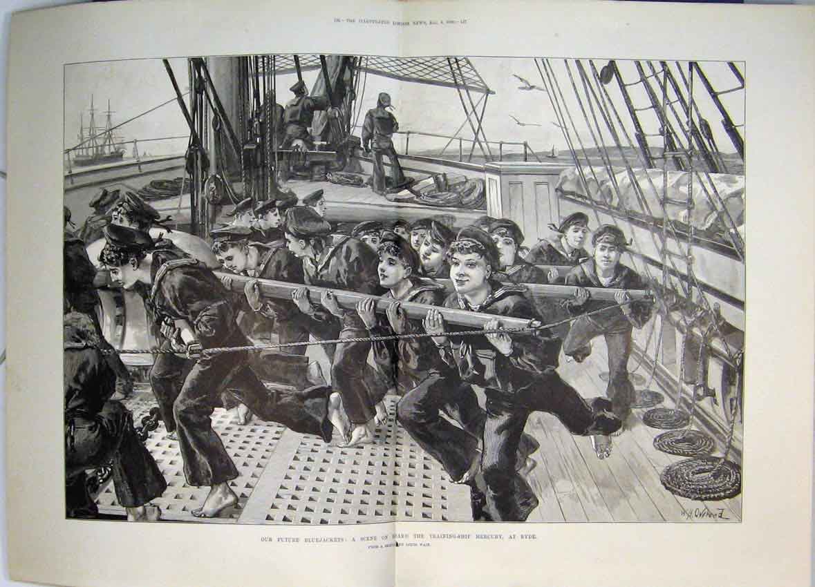 Old Antique Print 1888 War Training Ship Mercury Ryde Bluejackets Sketch 19th