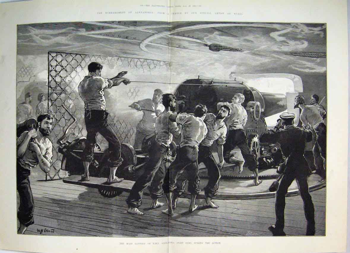 Original Old Antique Print 1882 War Battery Cannon H.M.S Alexandria Ship Action