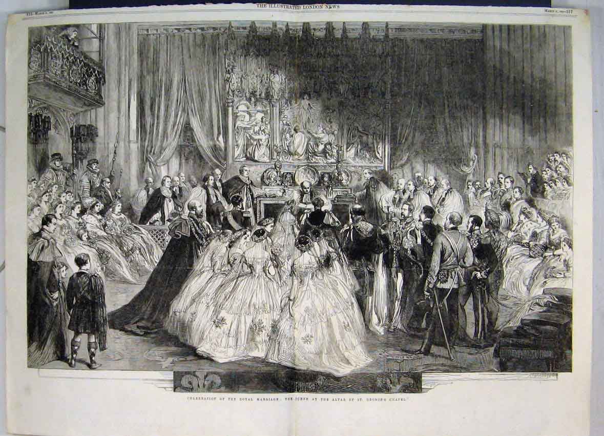 Original Old Antique Print 1863 Royal Marriage Celebration Altar Georges Chapel