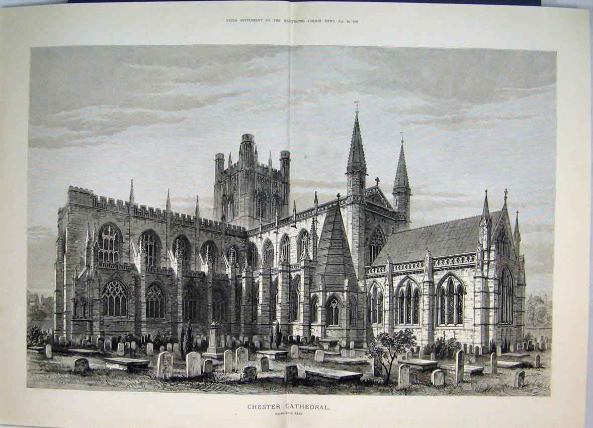 Original Old Antique Print 1881 Outdoor Scene Chester Cathedral Gravestones