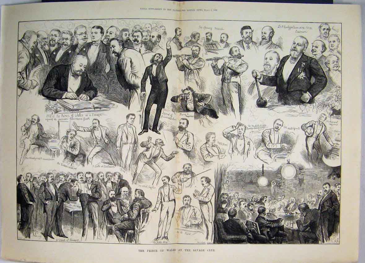 Original Old Antique Print 1882 Sketches Prince Wales Savage Club Music Smoking
