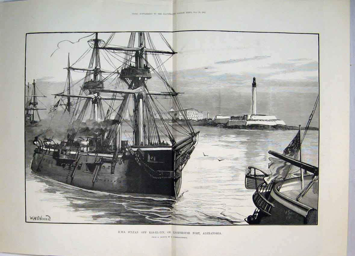 Original Old Antique Print 1882 H.M.S Sultan Lighthouse Fort Alexandria Ship