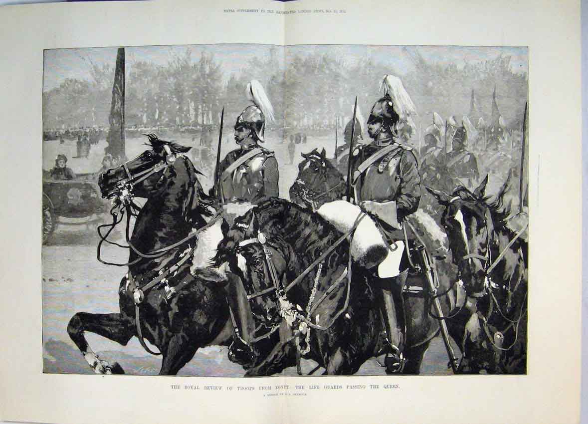Old Antique Print 1882 War Royal Review Troops Egypt Guards Passing Queen 19th