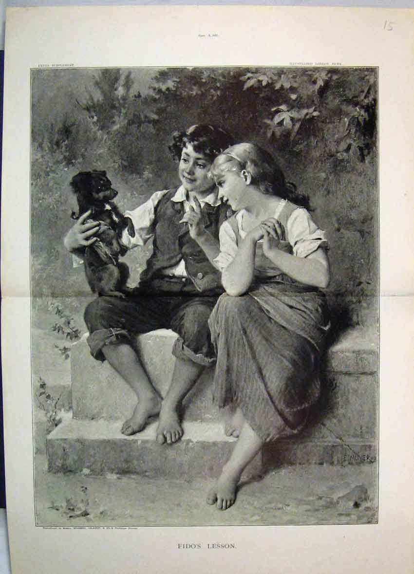 Old Antique Print 1885 Fido Lesson Little Boy Girl Puppy Dog Cute Scene 19th