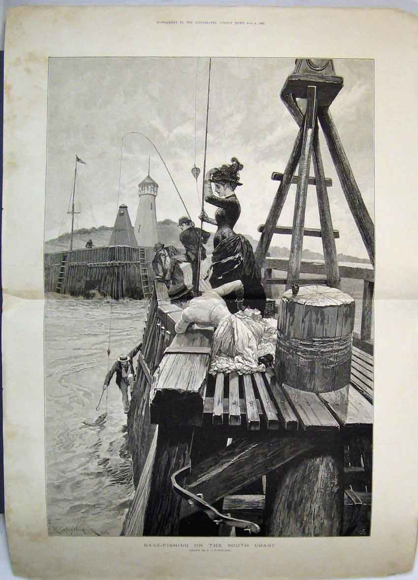 Old Antique Print 1885 Women Men Bass-Fishing South Coast Pier Fine Art 19th