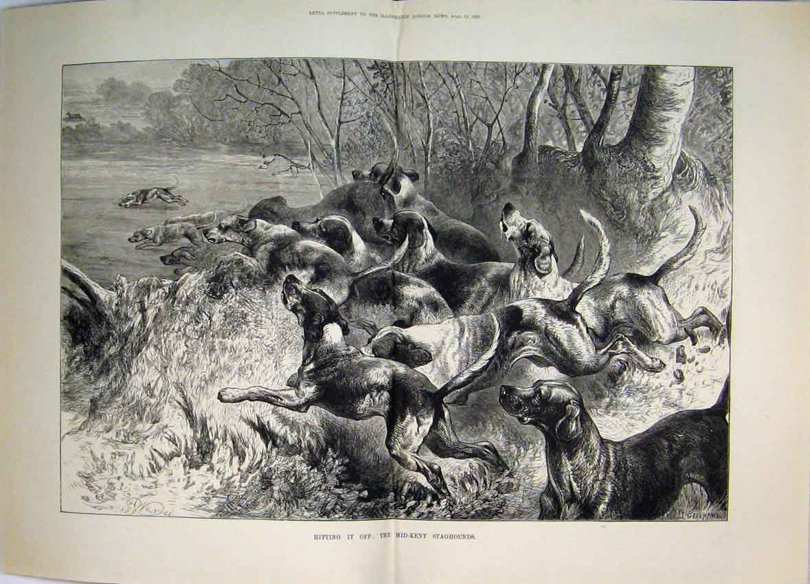 Old Antique Print 1883 Mid-Kent Stag Hound Hunting Country Scene Fine Art 19th