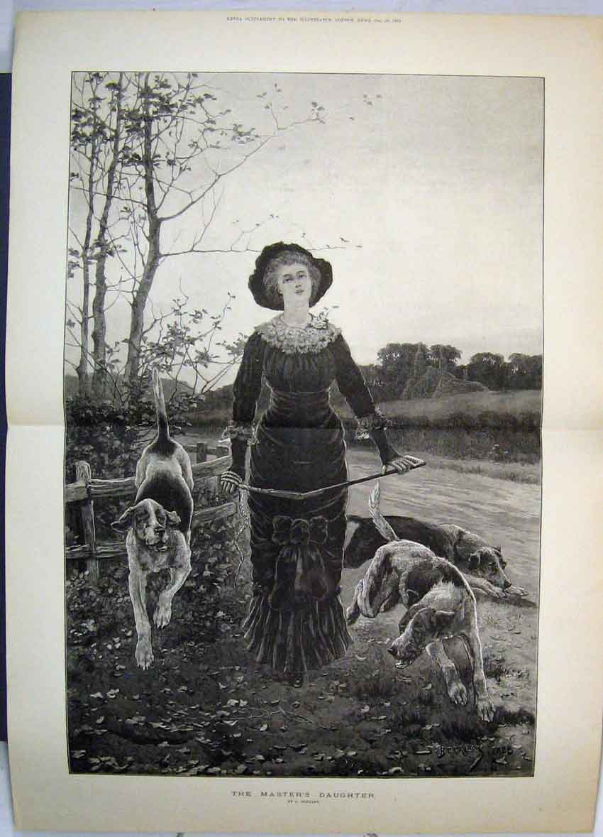 Original Old Antique Print Country Scene Masters Daughter Hounds 1883 Fine Art