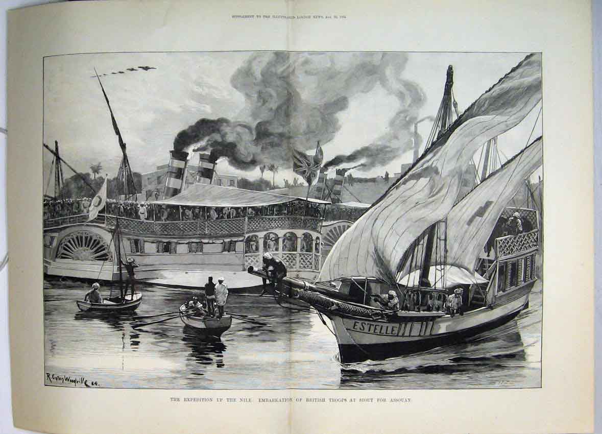 Old Antique Print Expedition Nile 1884 Embarkation British Troops Siout 19th