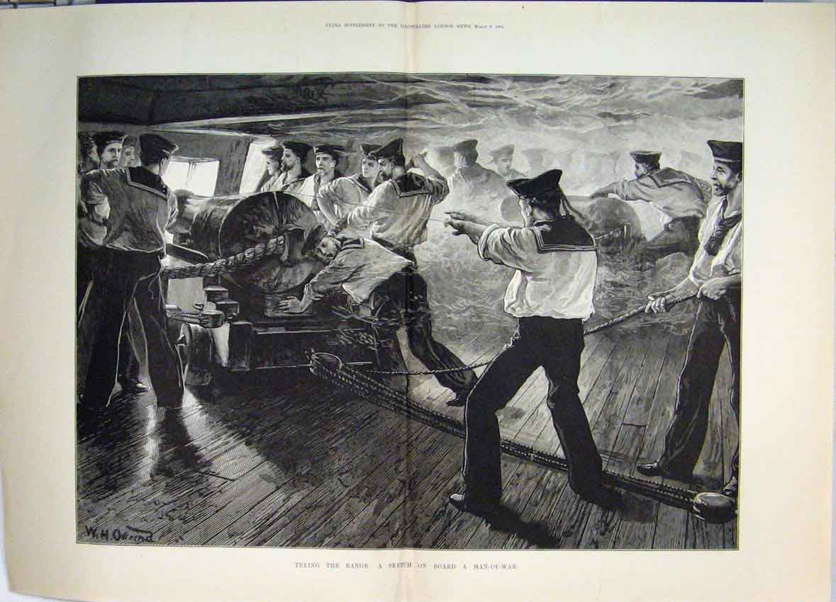 Old Antique Print 1884 Sketch On Board Man War Ship Trying Range Fine Art 19th