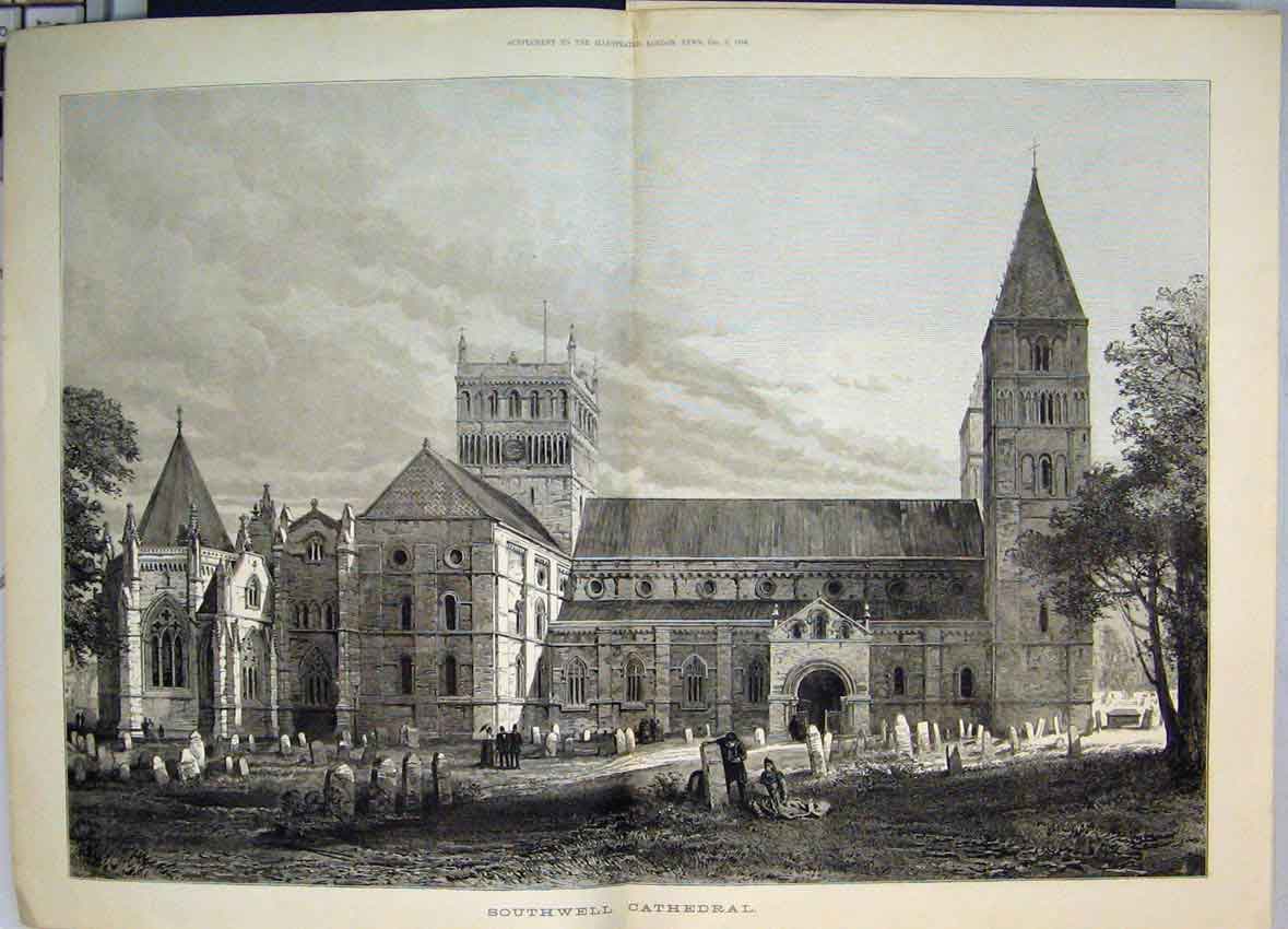 Original Old Antique Print Outside Scene Southwell Cathedral Graveyard 1884 Art