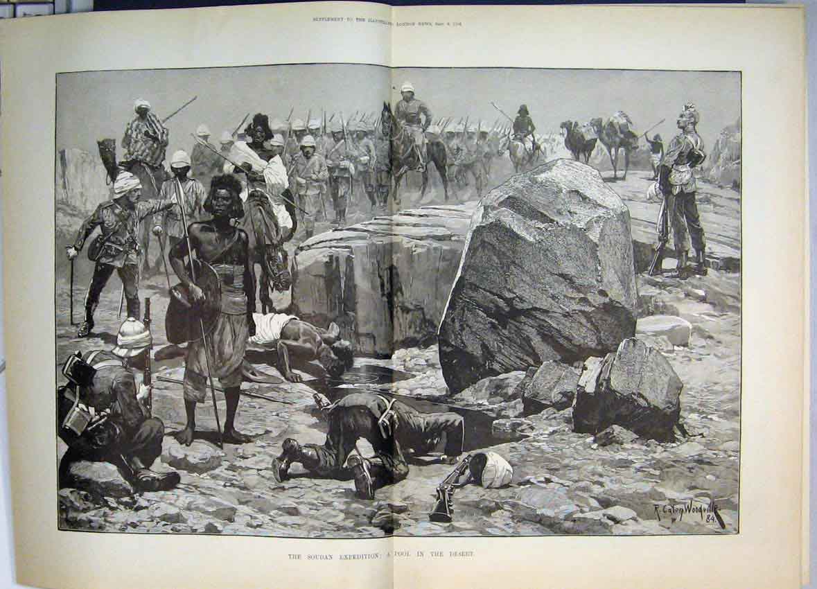 Original Old Antique Print War Soudan Expedition Water Pool Desert Siers 1884