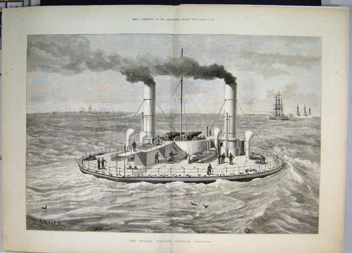 Old Antique Print 1876 Russian Circular Ironclad Novgorod Ship Sea Scene 19th