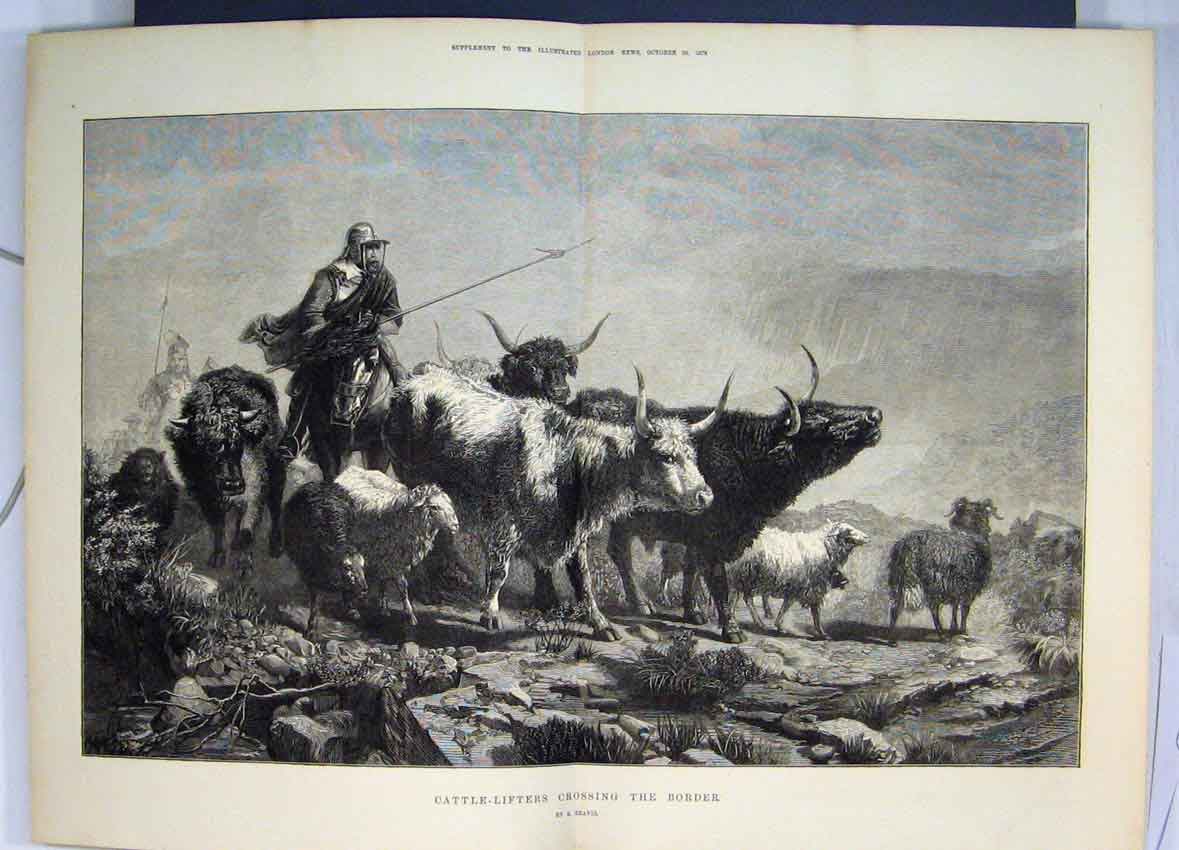 Original Old Antique Print 1872 Cattle-Lifters Crossing Border Sheep Horse 19th