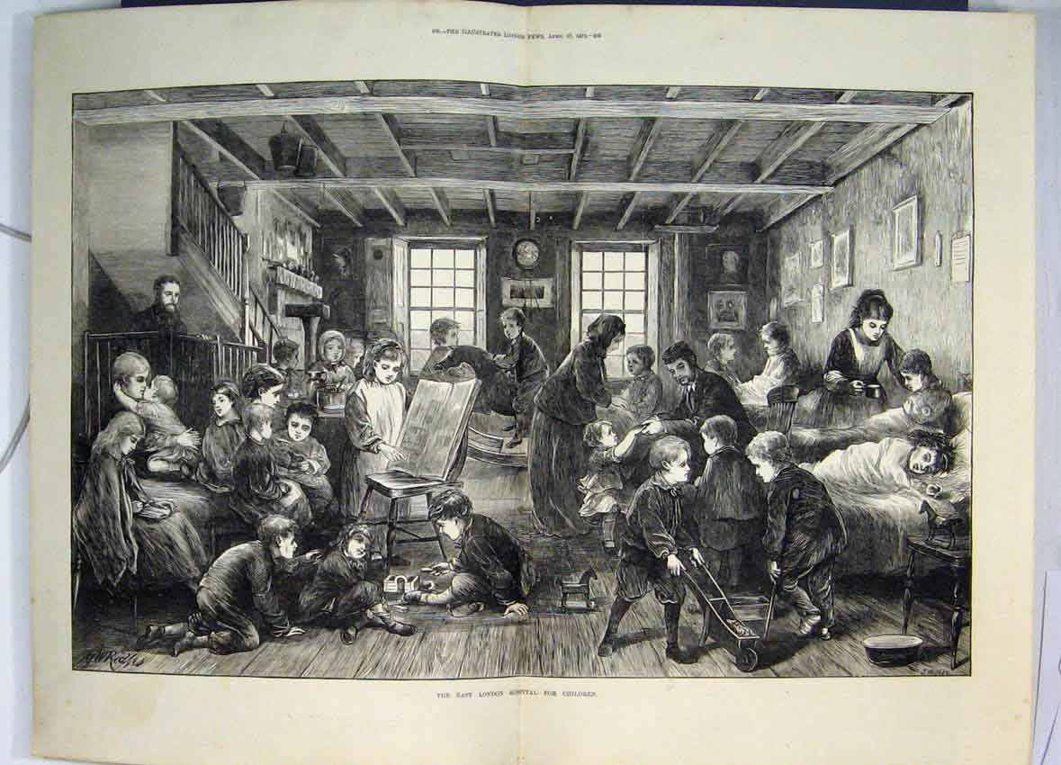 Old Antique Print 1872 East London Hospital Children Nurses Sick Playing 19th