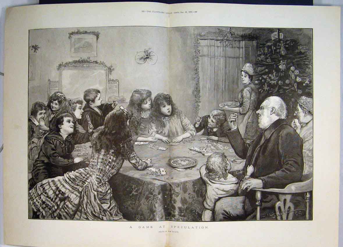Original Old Antique Print 1889 Man Woman Little Girls Boys Playing Games Table