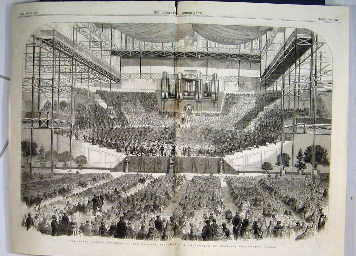 Original Old Antique Print 1857 Great Handel Festival Crystal Palace Orchestra