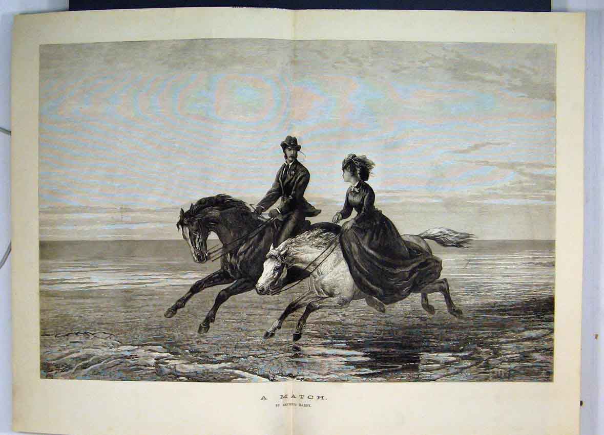 Original Old Antique Print C1800 Match Woman Man Horse Racing Water 19th