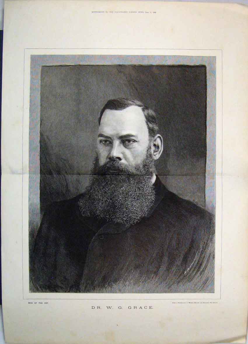 Original Old Antique Print 1888 Portrait Dr Grace Bearded Face Fine Art 19th