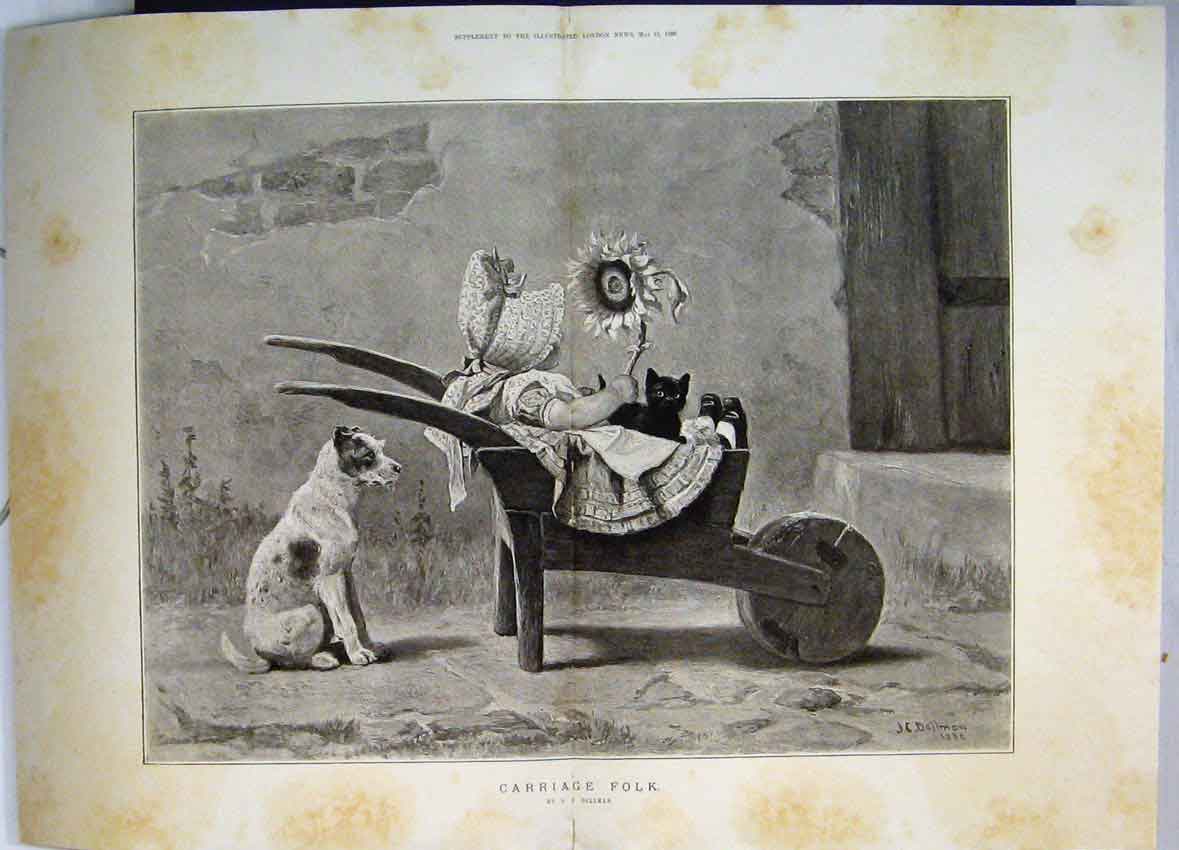 Original Old Antique Print 1886 Little Girl Barrow Cat Dog Watching Sunflower