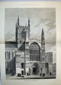 Original Old Antique Print Oudoor Scene 1882 Rochester Cathedral Building 19th