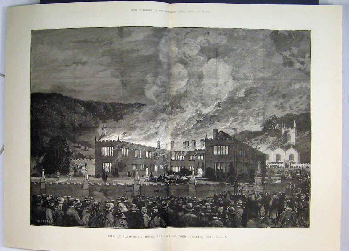 Original Old Antique Print 1881 Fire Lanhydrock House Seat Lord Robartes Bodmin