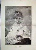 Original Old Antique Print Portrait Jeunesse Woman Cat 1890 Fine Art Victorian