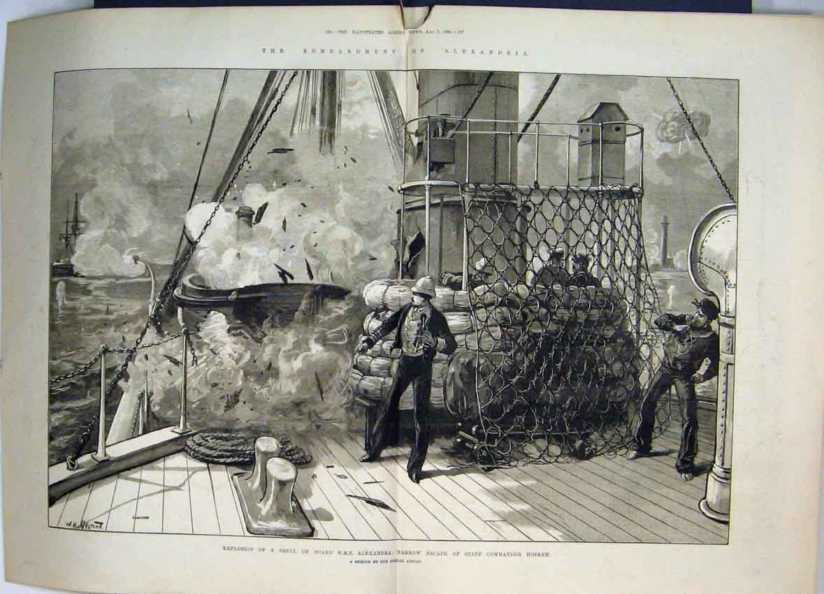 Original Old Antique Print 1882 Explosion Shell H.M.S Alexandria Escape Hosken