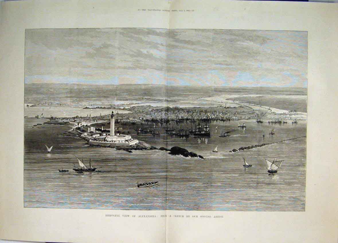 Old Antique Print 1882 Birds-Eye View Alexandria Lighthouse Boats Sketch 19th
