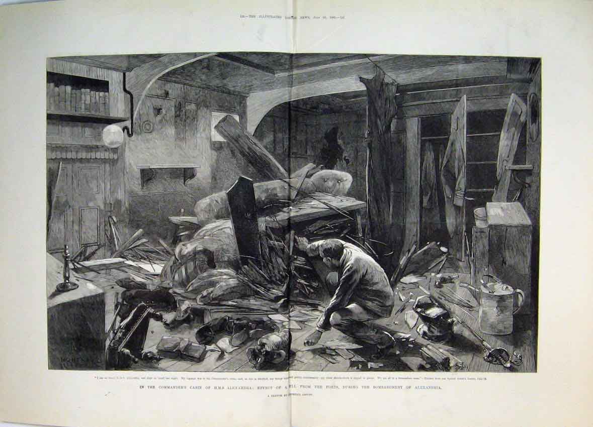Old Antique Print 1882 Commander Cabin H.M.S Alexandria Shell Explosion 19th