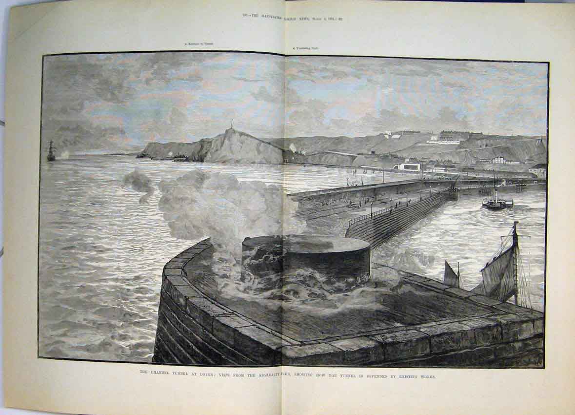 Original Old Antique Print 1882 Channel Tunnel Dover View Admiralty Pier Works