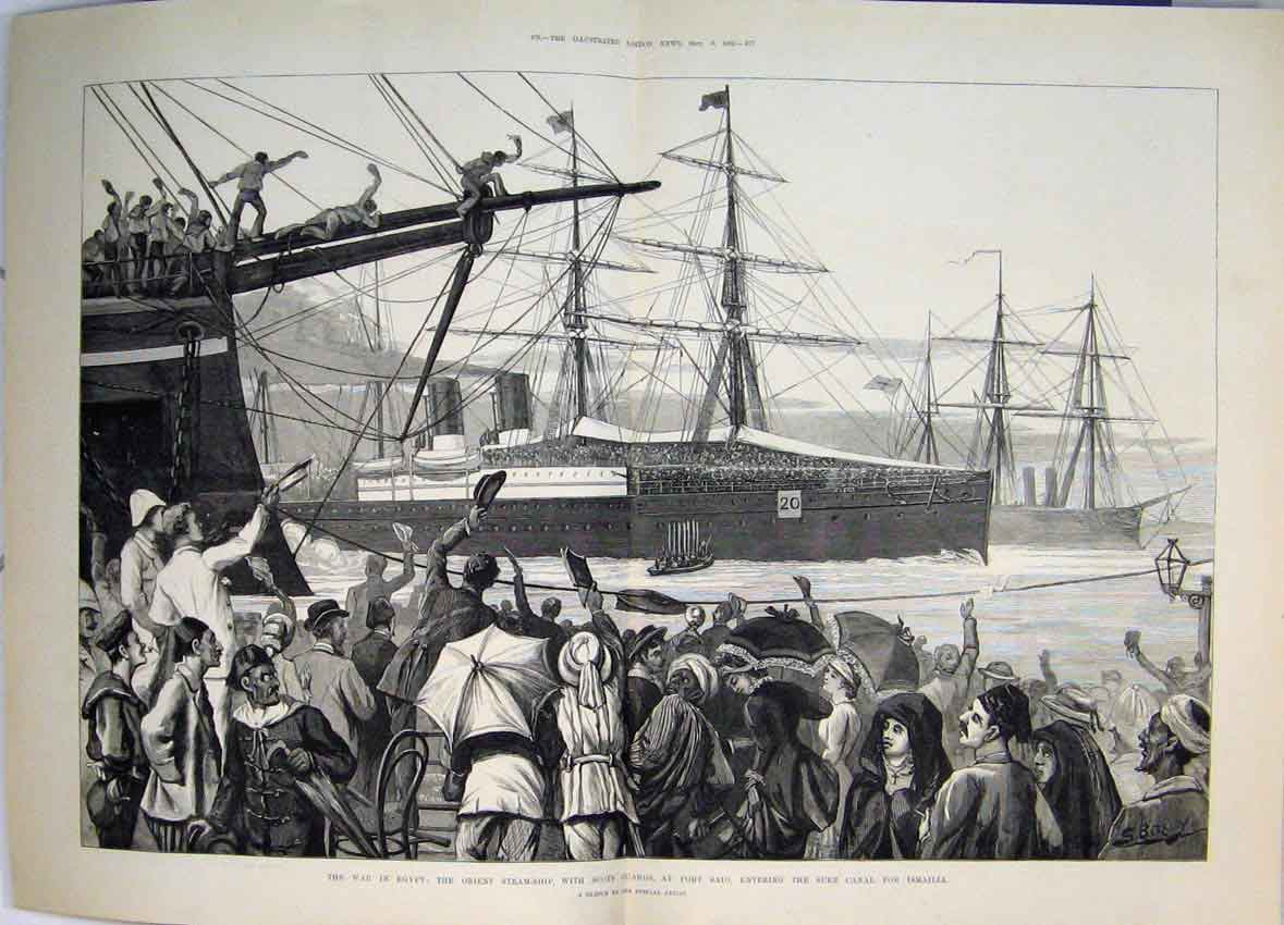 Old Antique Print 1882 War Egypt Orient Steam Ship Scots Guard Suez Canal 19th
