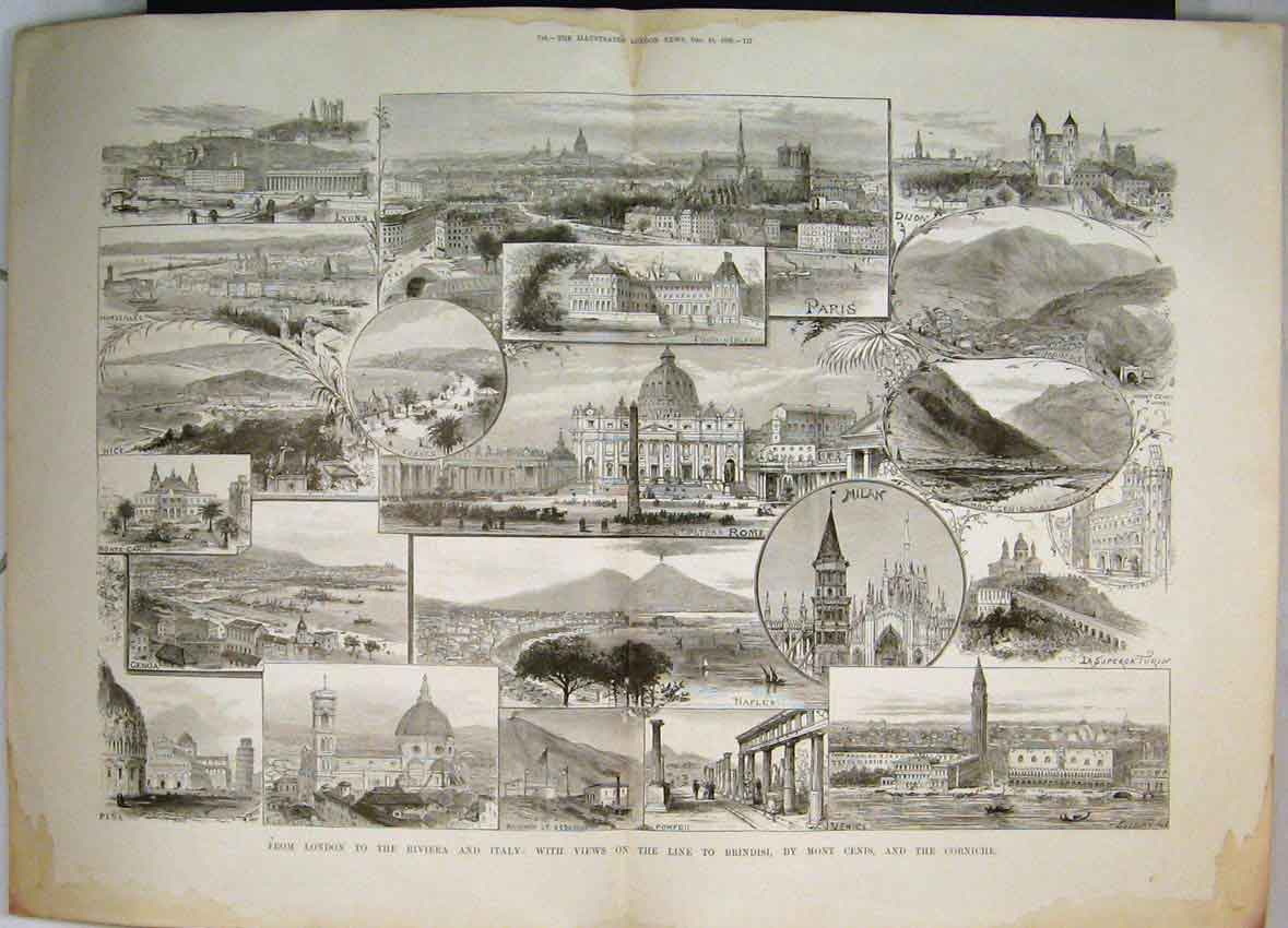 Old Antique Print Views London Milan Paris Italy Corinche Mont Cenis 1888 19th
