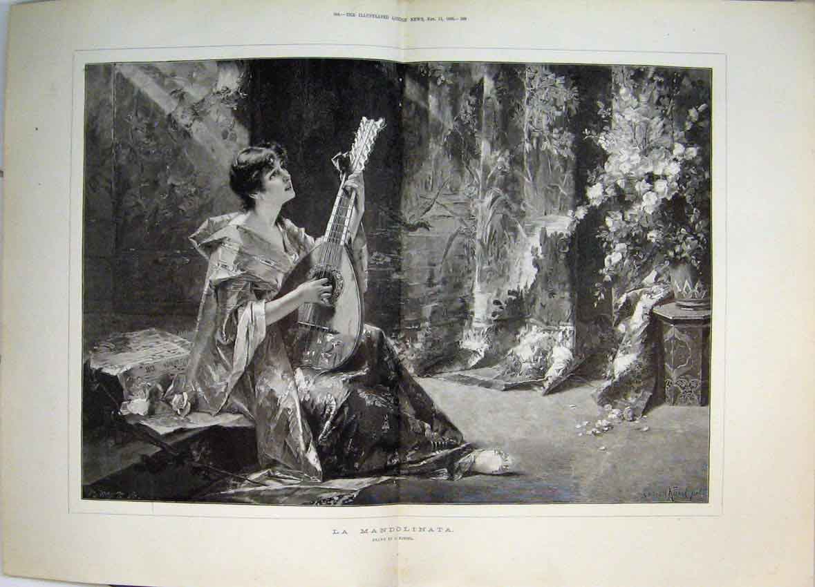 Old Antique Print 1888 La Mandolinata Girl Music Sitting Flowers Fine Art 19th