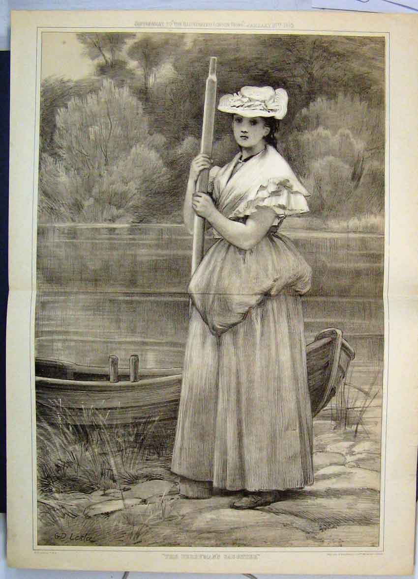 Original Old Antique Print Country River Scene Ferrymans Daughter 1873 19th