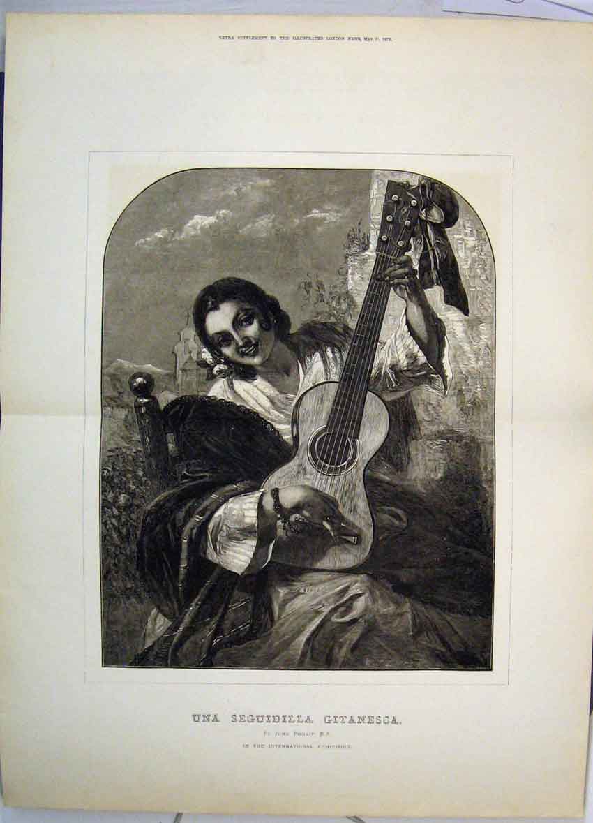 Old Antique Print 1873 Portrait Una Seguidilla Gitanesca Music Fine Art 19th