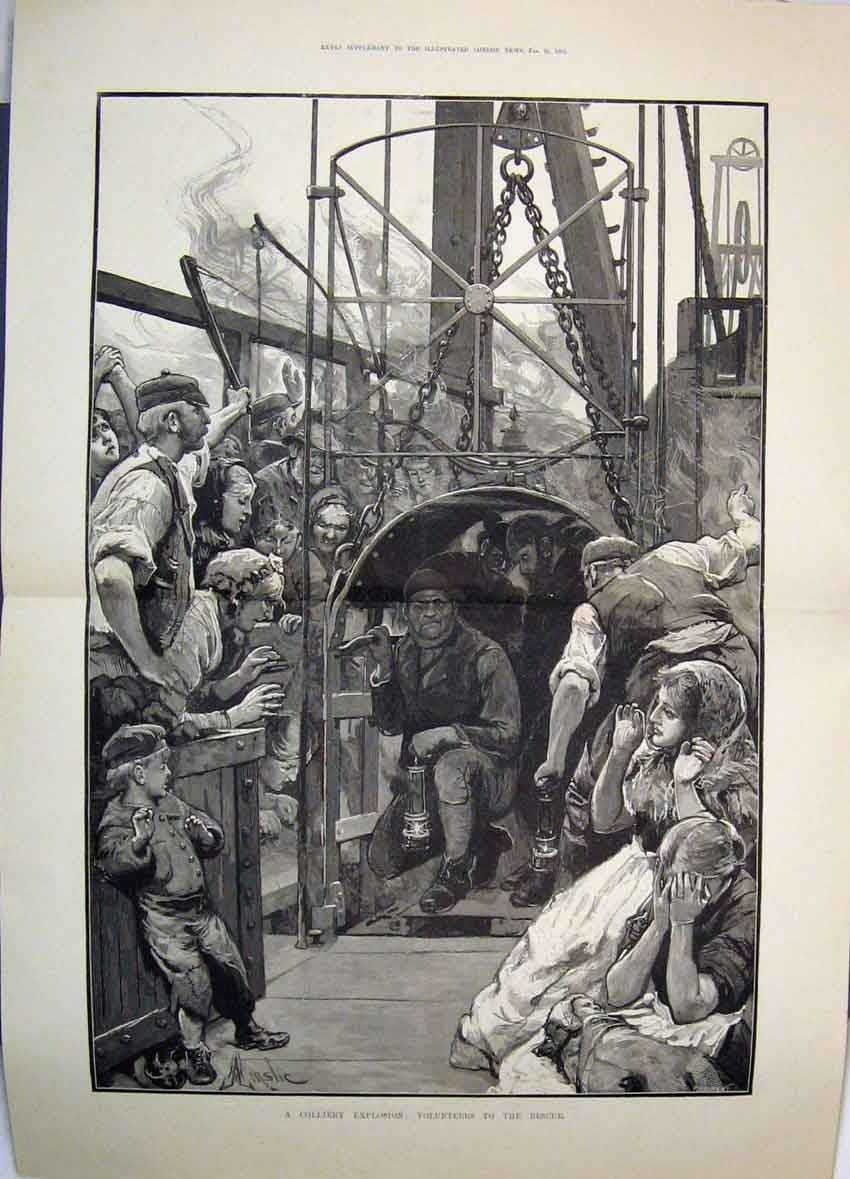 Old Antique Print 1882 Colliery Explosion Volunteers Rescue Mine Lift Art 19th
