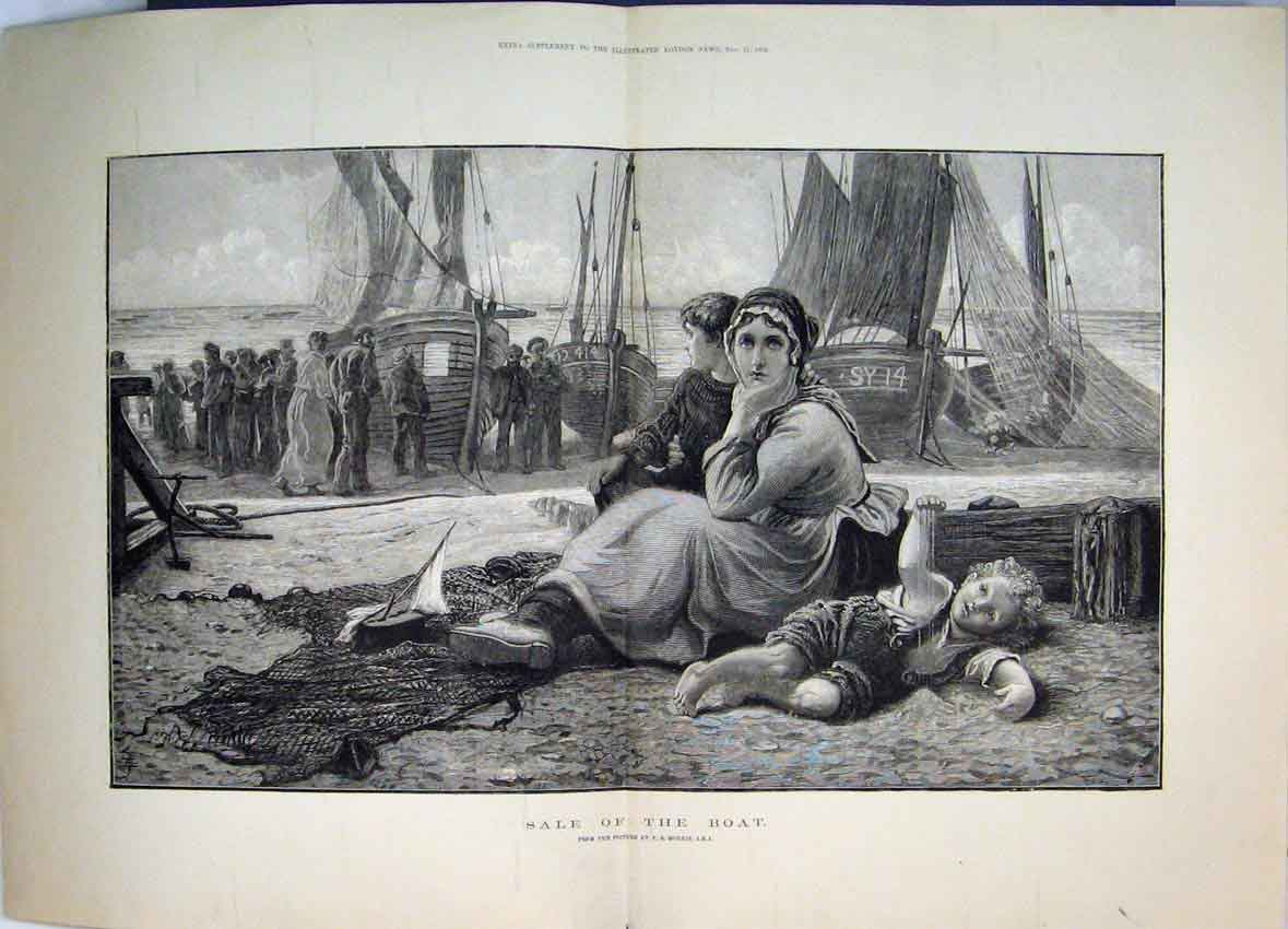 Original Old Antique Print Woman Children 1882 Sitting Shore Watching Boat Sale