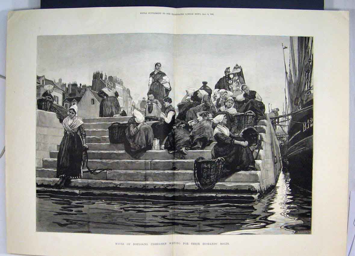Old Antique Print 1880 Women Boulogne Fishermen Waiting Boats Steps Water 19th