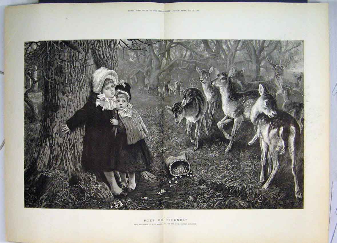 Old Antique Print 1883 Little Girls Flowers Woodland Scene Deer Animals 19th