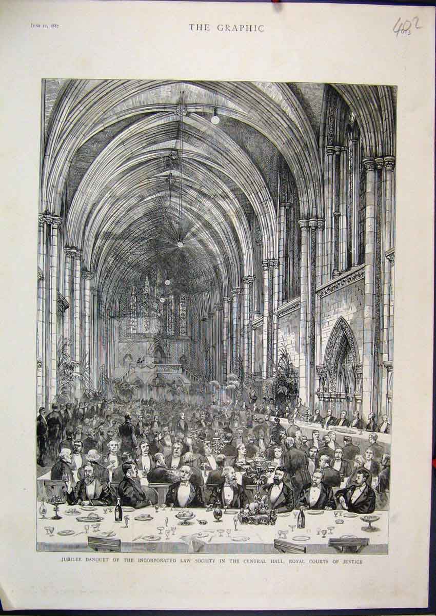 Original Old Antique Print 1887 Jubilee Banquet Law Society Central Hall Courts
