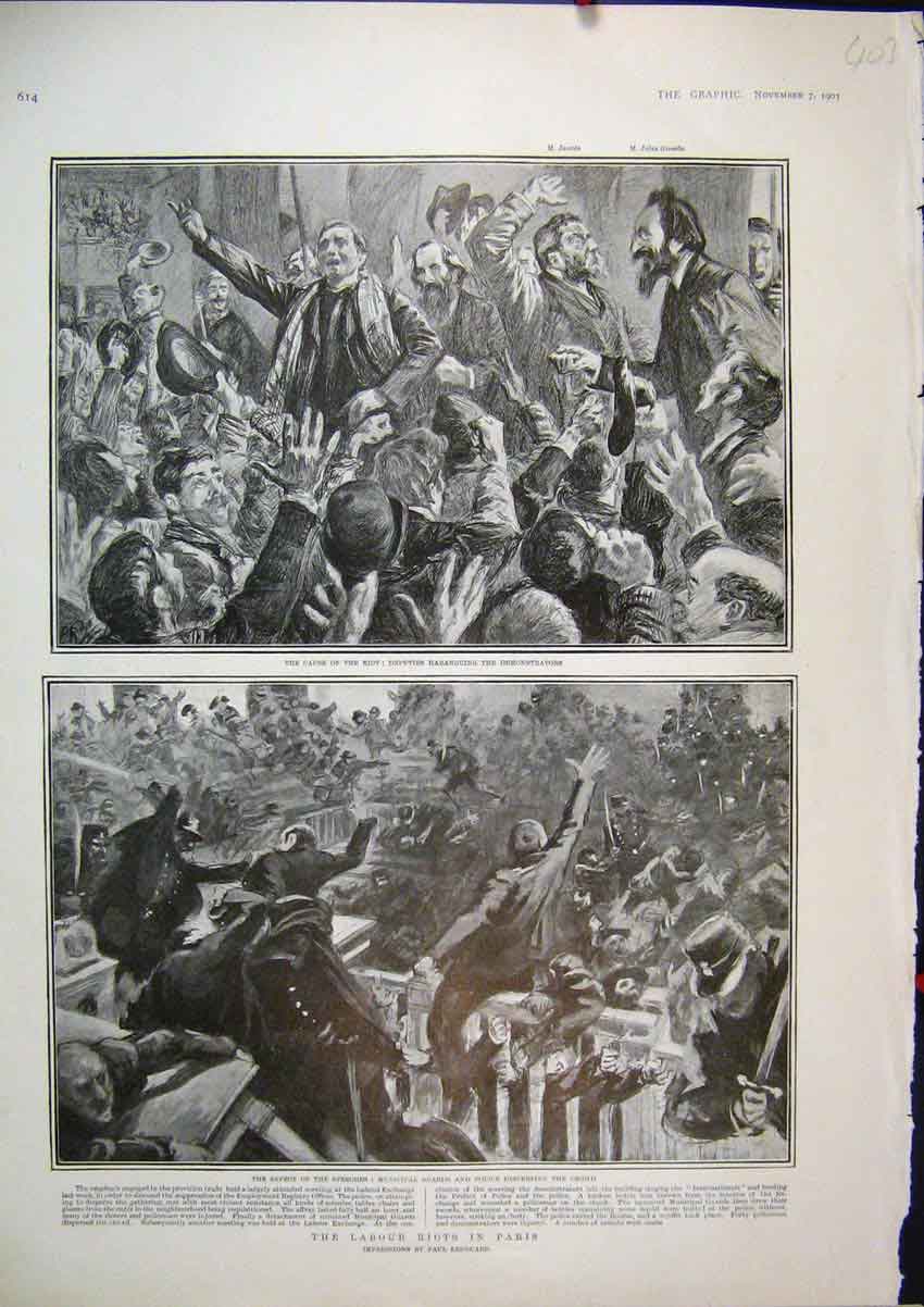 Old Antique Print 1903 Labour Riots Paris Deputies Haranguing Municipal 20th