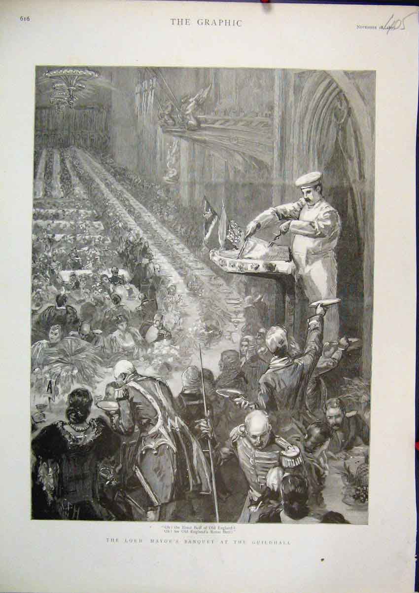 Original Old Antique Print 1893 Lord Mayor Banquet Guildhall Chef Carving Food