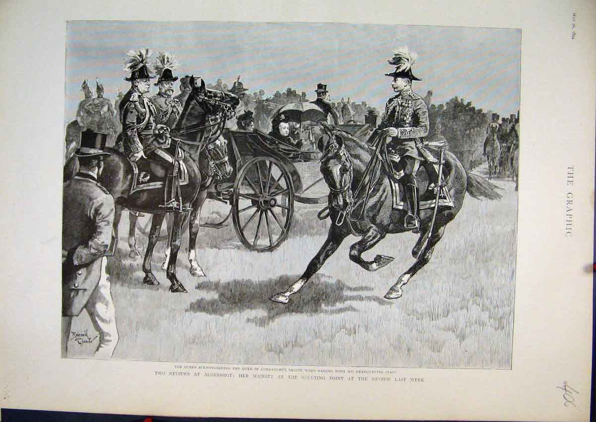Original Old Antique Print 1894 Review Aldershot Majesty Duke Connaught Horses
