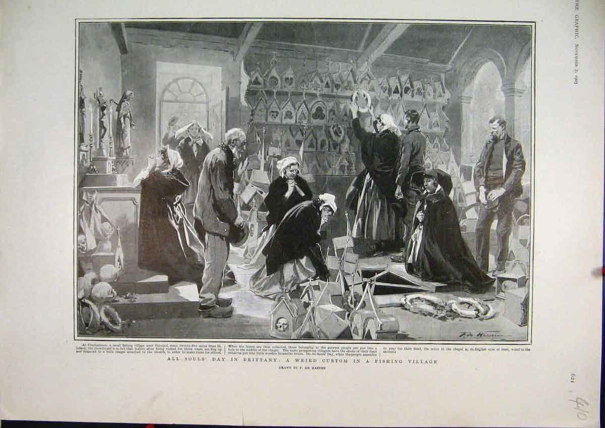 Old Antique Print 1903 Souls Day Brittany France Custom Fishing Village 20th