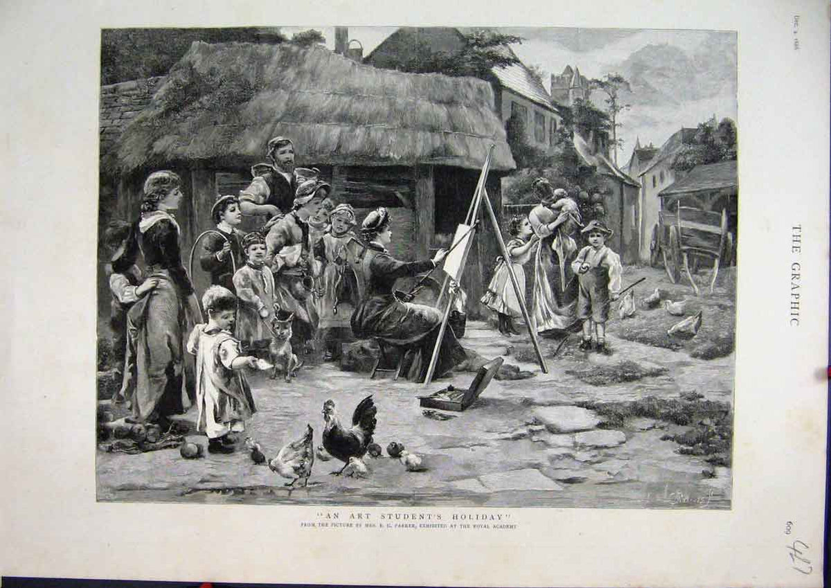 Old Antique Print 1886 Art Student Holiday Painting Family Village Scene 19th