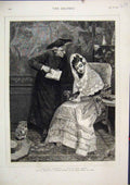 Original Old Antique Print 1875 Woman Caught Reading Proscribed Book Man Cat