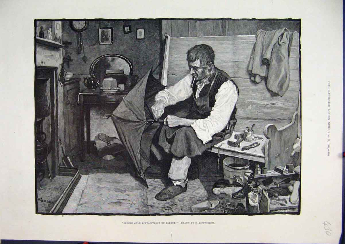 Original Old Antique Print 1884 Man Smoking Pipe Fixing Umbrella New Year 19th