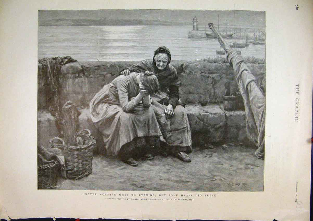 Old Antique Print 1894 Women Sitting Shore Waiting Heartbroken Fine Art 19th
