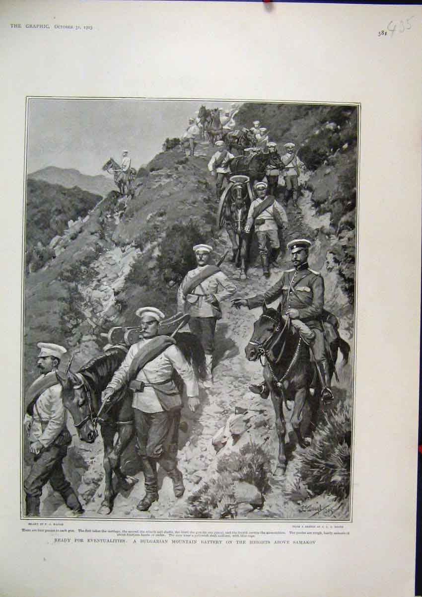 Original Old Antique Print 1903 Bulgarian Mountain Battery Hills Above Samakov
