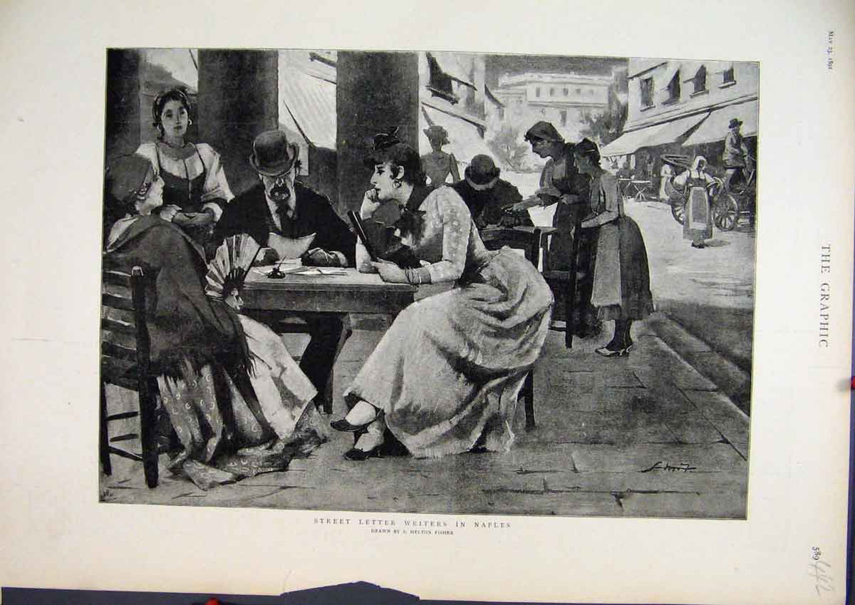 Original Old Antique Print 1891 Street Letter Writers Naples Women Men Table